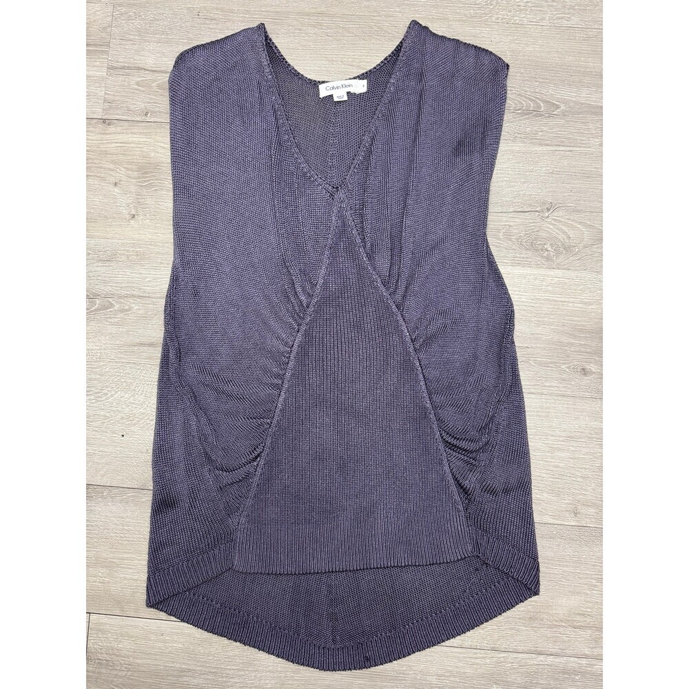 Calvin Klein Knit Sleeveless Women Top Ruched Front V Neck Blue Size S
